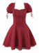 Red 1960s Solid Puff Sleeve Lace-up Dress