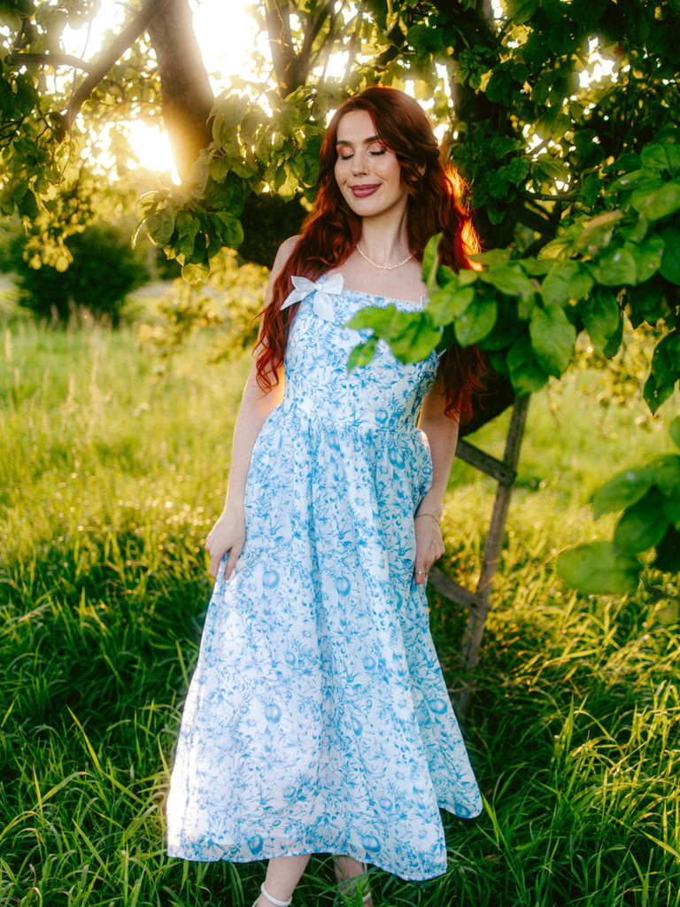 Light Blue 1940s Square Neck Starry Night Bow Swing Dress