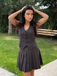 Dark Gray 1960s V-Neck Pinstripes Sleeveless Top