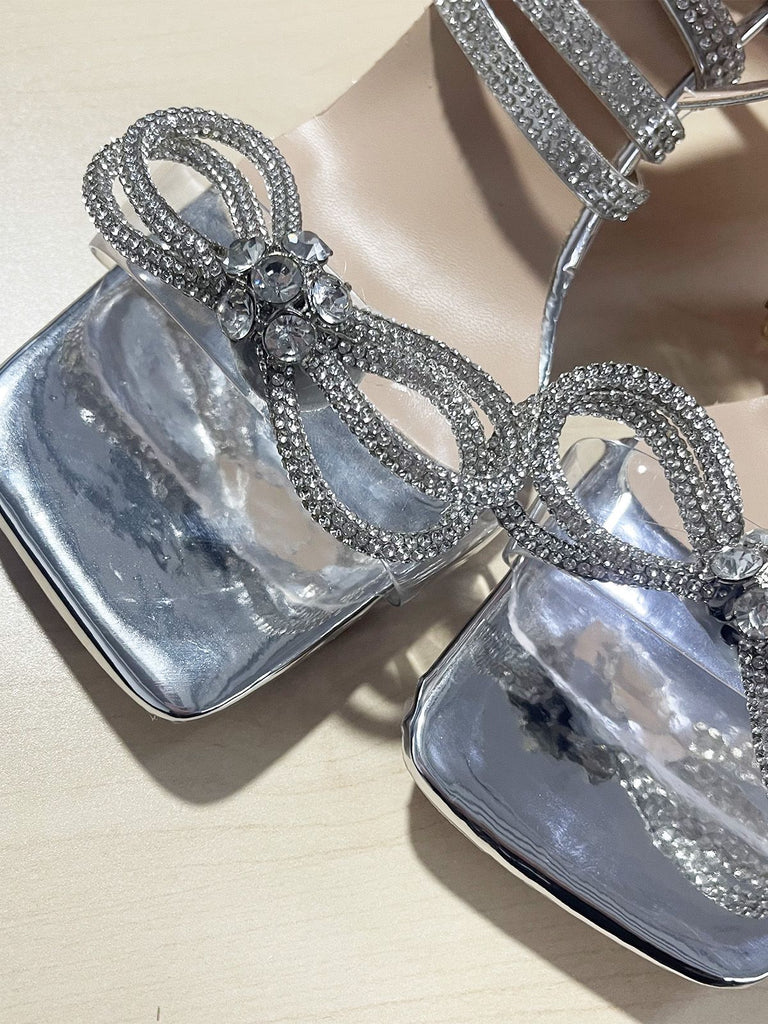 Silver Rhinestone Ankle Strap Heels