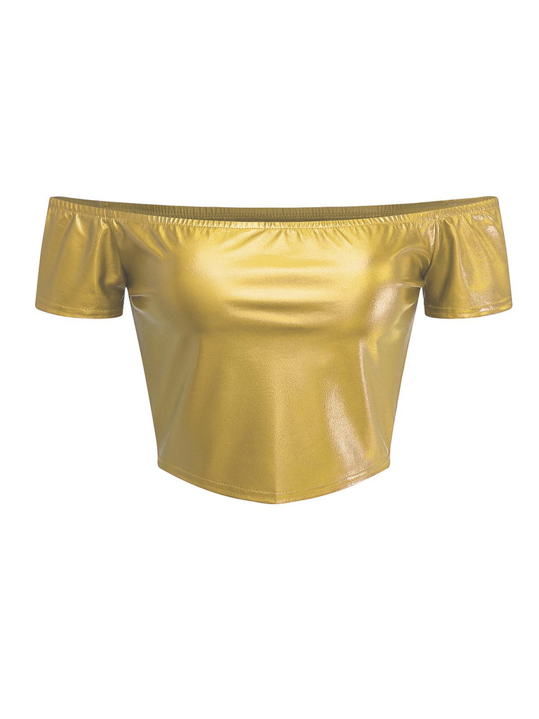 1970s Disco Metallic Off-Shoulder Short Sleeve Top