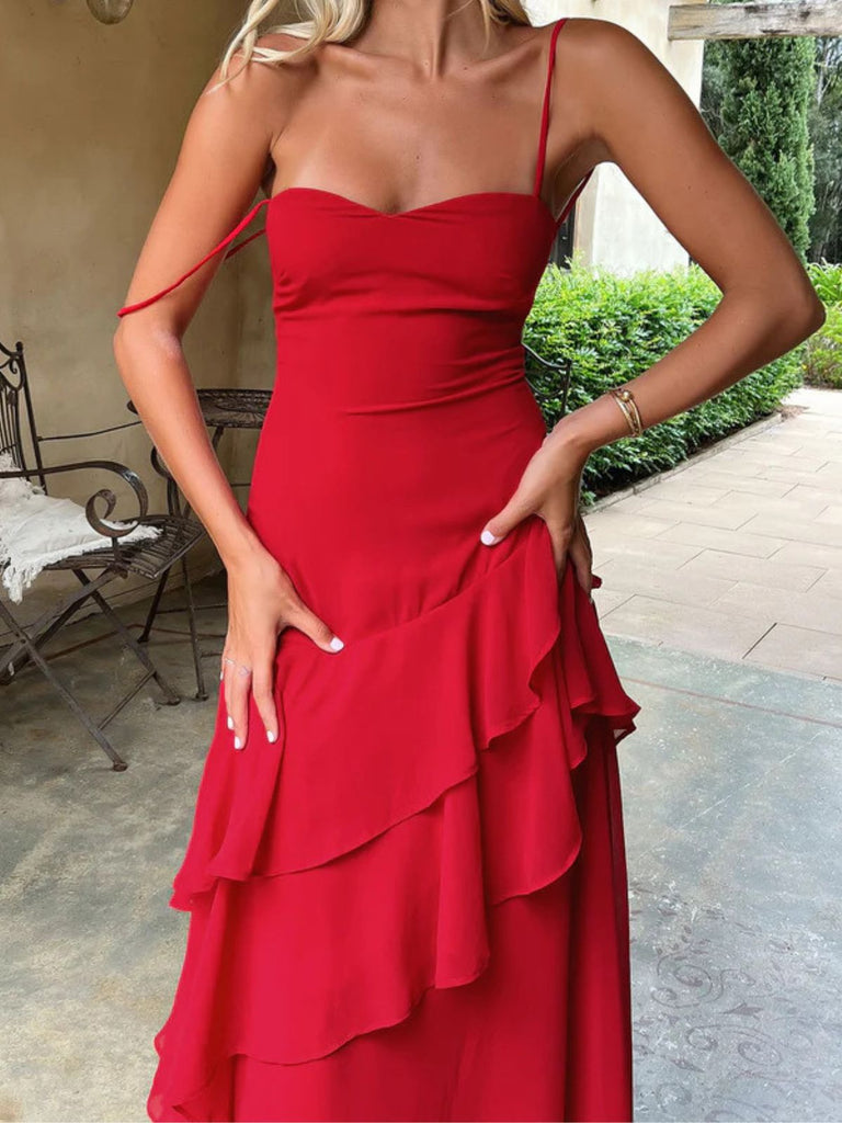 Red 1930s Solid Holiday Ruffle Backless Cami Dress