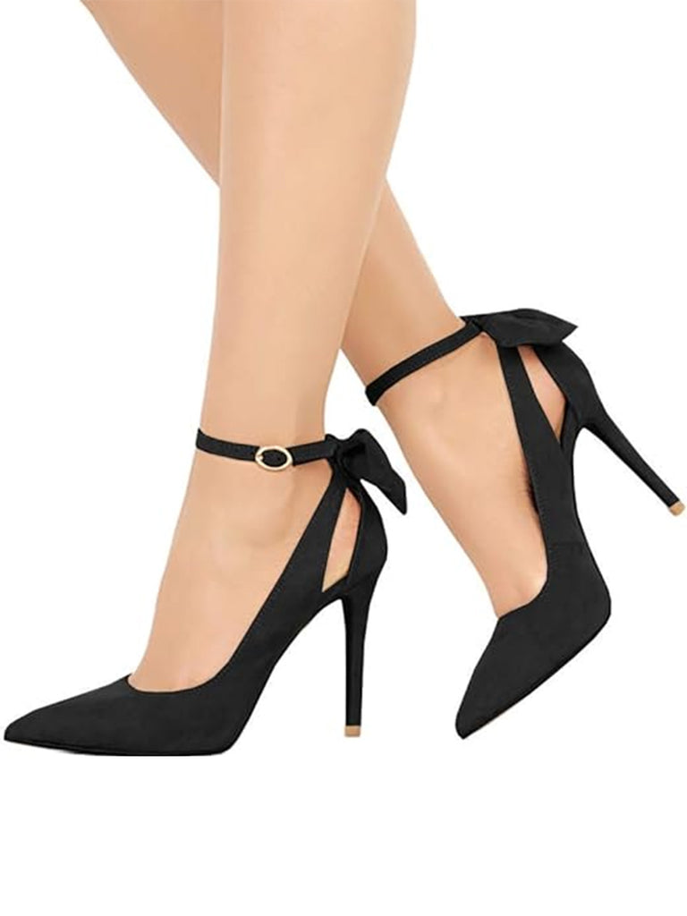 Suede Bow Ankle Strap Pointed Toe High Heel Shoes