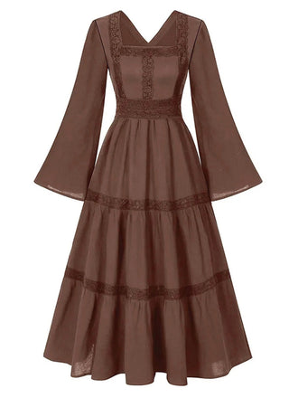 Brown 1970s Victorian Style Square Neck Lace Dress