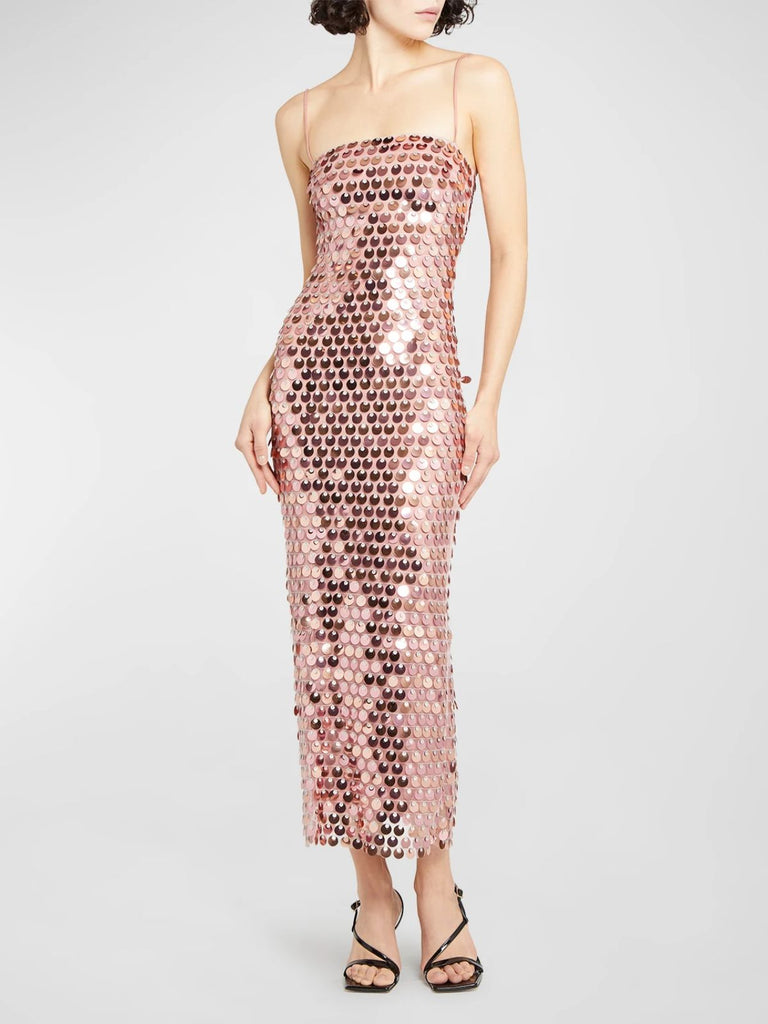 1930s Solid Sequined Back Slit Spaghetti Strap Dress