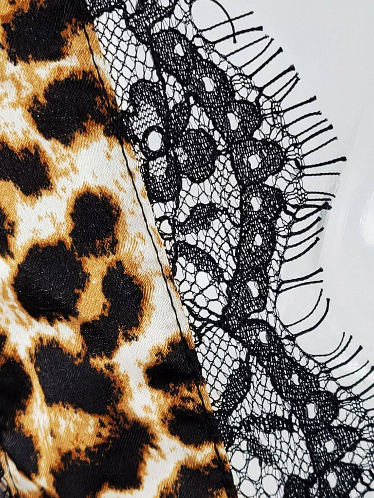 1940s Lace Trim Leopard Print Satin Deep V Nightgown