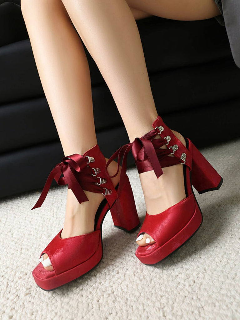 Ribbon Bow Lace-Up Chunky Heel Sandals
