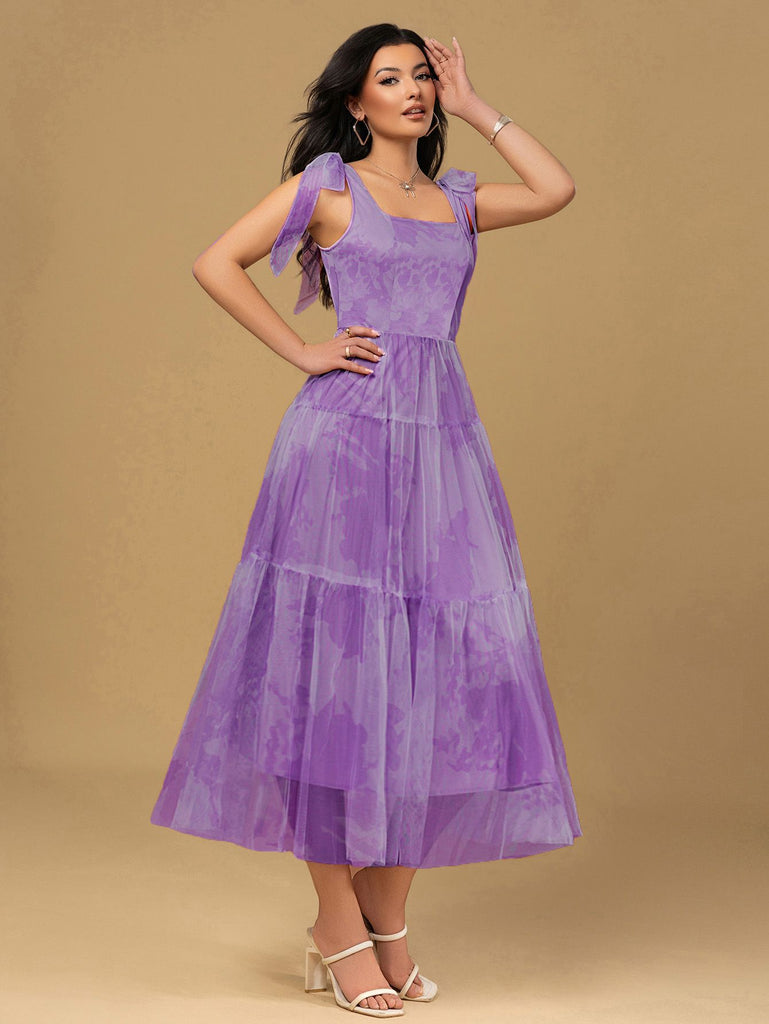 Lavender 1930s Floral Lace-Up Mesh Dress