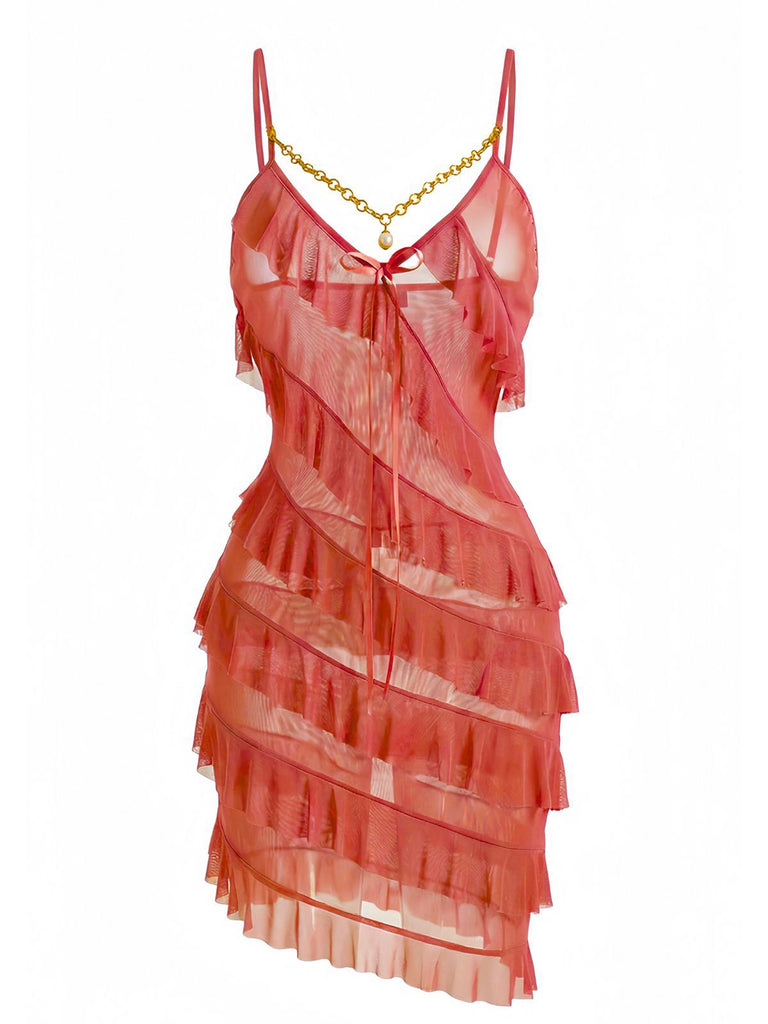 1960s Chain Pearl Ruffled Spaghetti Strap Nightgown