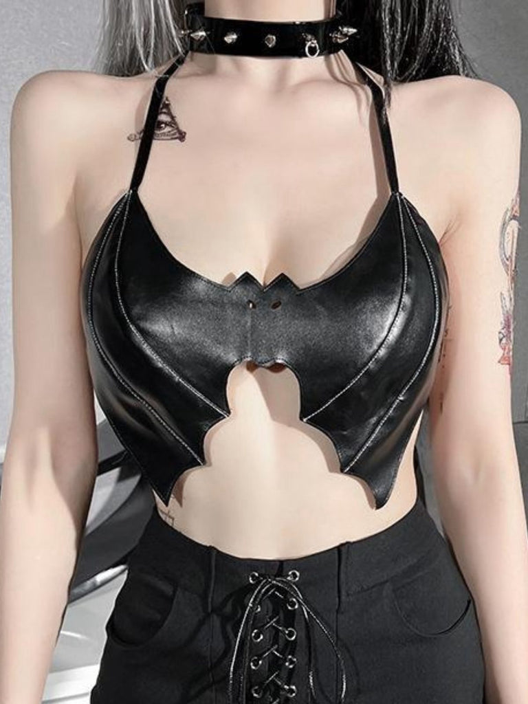 Black 1980s Gothic Bat Lace-Up Halter Top
