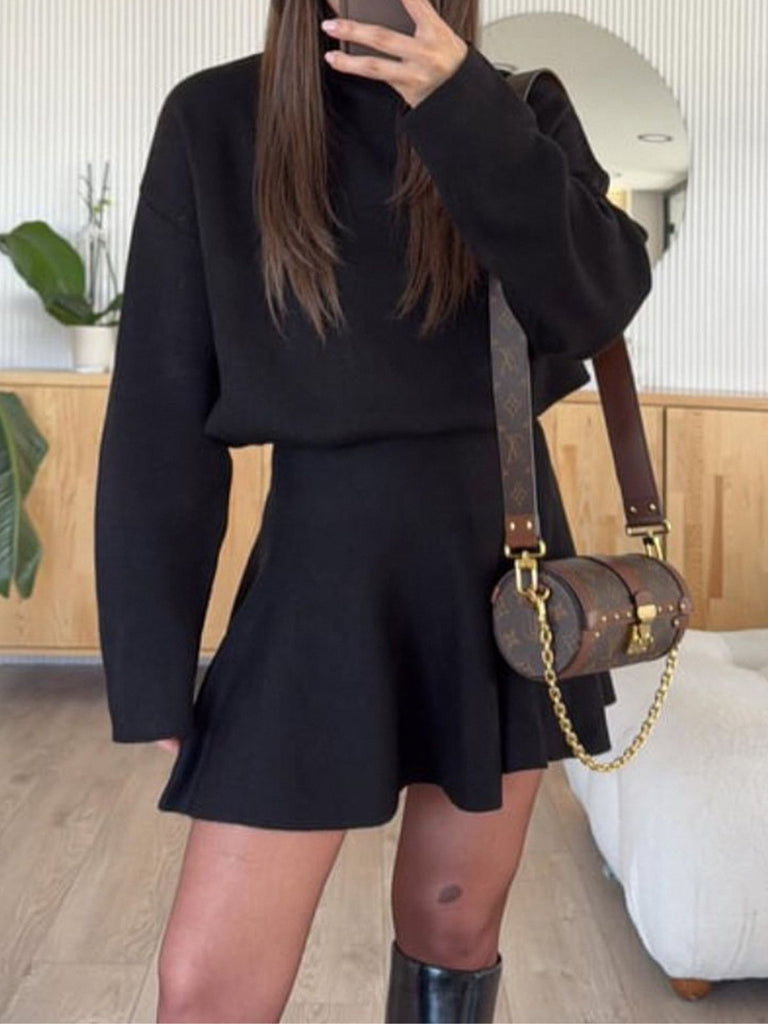 1980s Turtleneck Solid Long Sleeve Sweater Dress