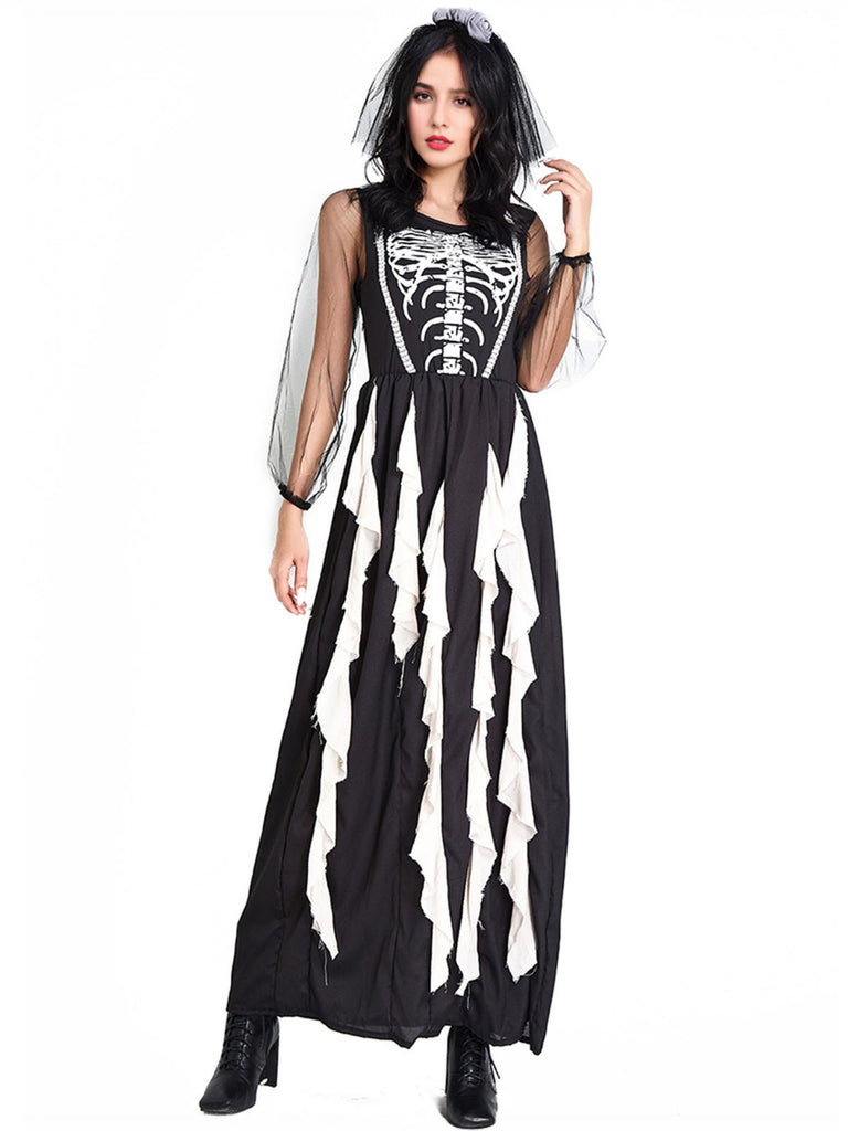 Black 1930s Halloween Skeleton Ruffles Dress With Veil