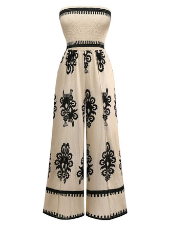 Apricot 1970s Boho Strapless Smocked Jumpsuit