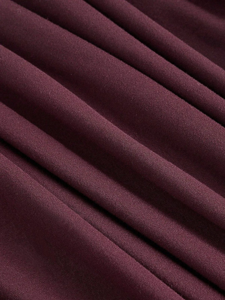 Burgundy 1940s Off-Shoulder Long Sleeve Pleated Dress