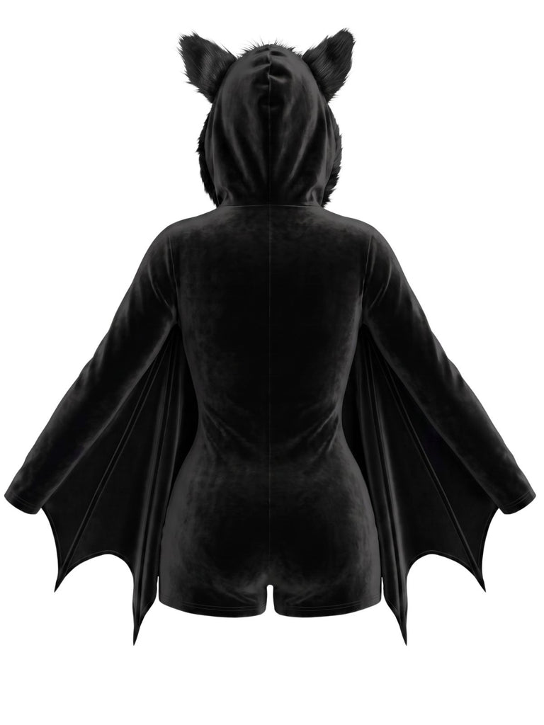 [Pre-Sale] Wine Red 1960s Halloween Bat Wing Hooded Velvet Romper