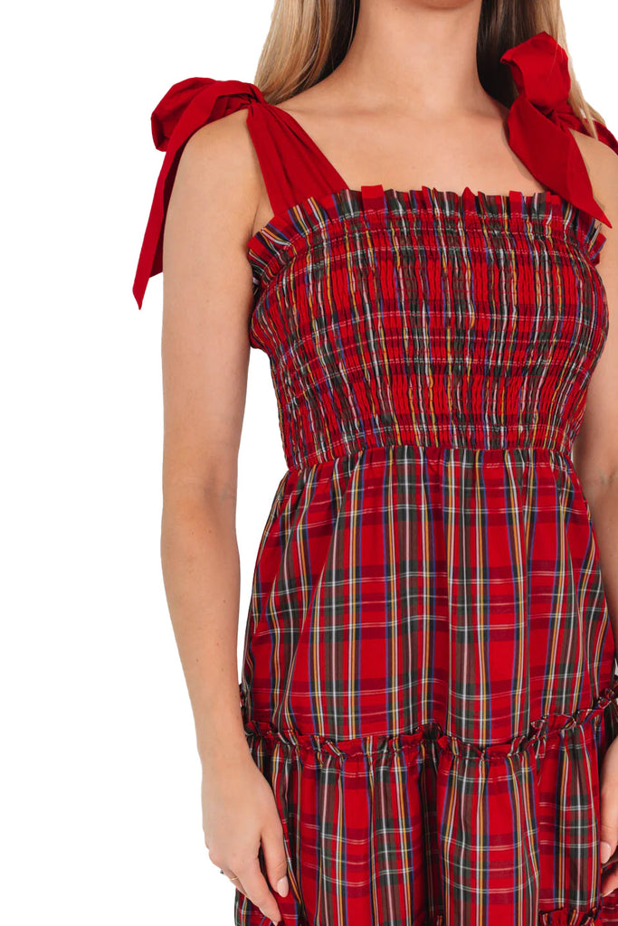 Red 1940s Christmas Plaid Lace-Up Dress