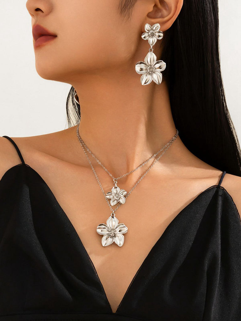 Floral Double Clavicle Necklace & Earrings Set