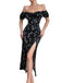 Black 1960s Side Slit Ditsy Floral Off-Shoulder Dress