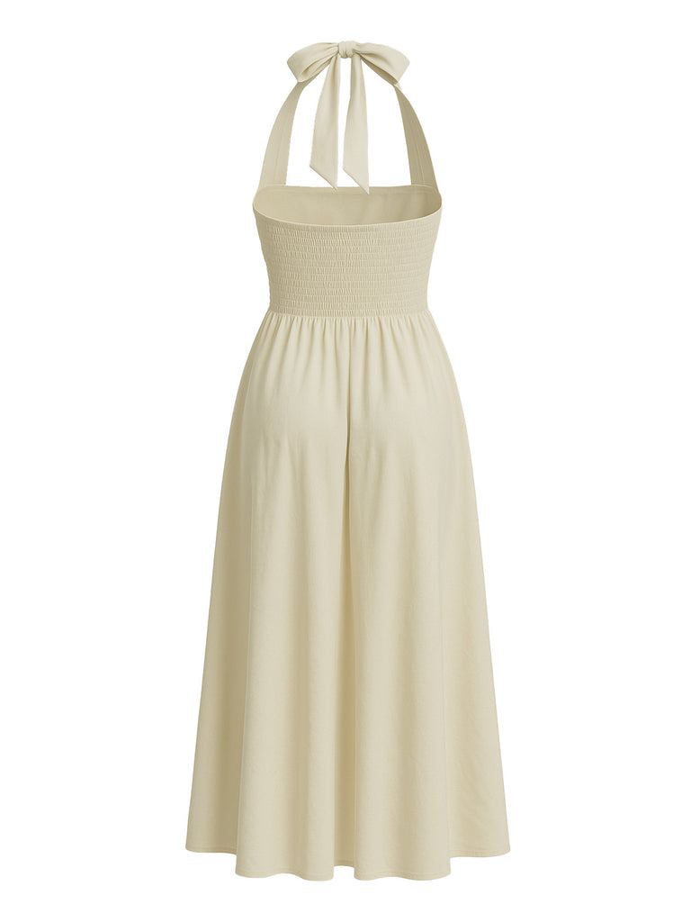 1940s Solid Wide-Strap Halter Backless Dress