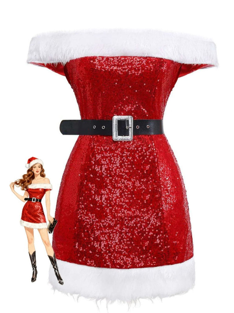 Red 1970s Christmas Sequined Off-Shoulder Plush Trim Dress