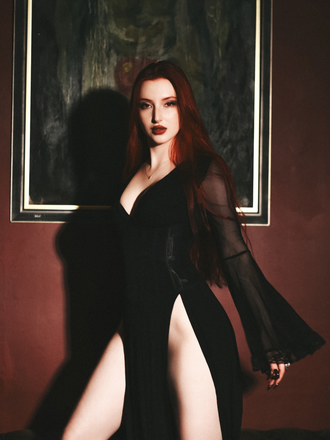 Black 1980s Gothic Slit Flared Sleeve Lace V-Neck Dress