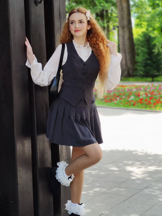 2PCS Dark Gray 1960s Pinstripes Top & Pleated Skirt