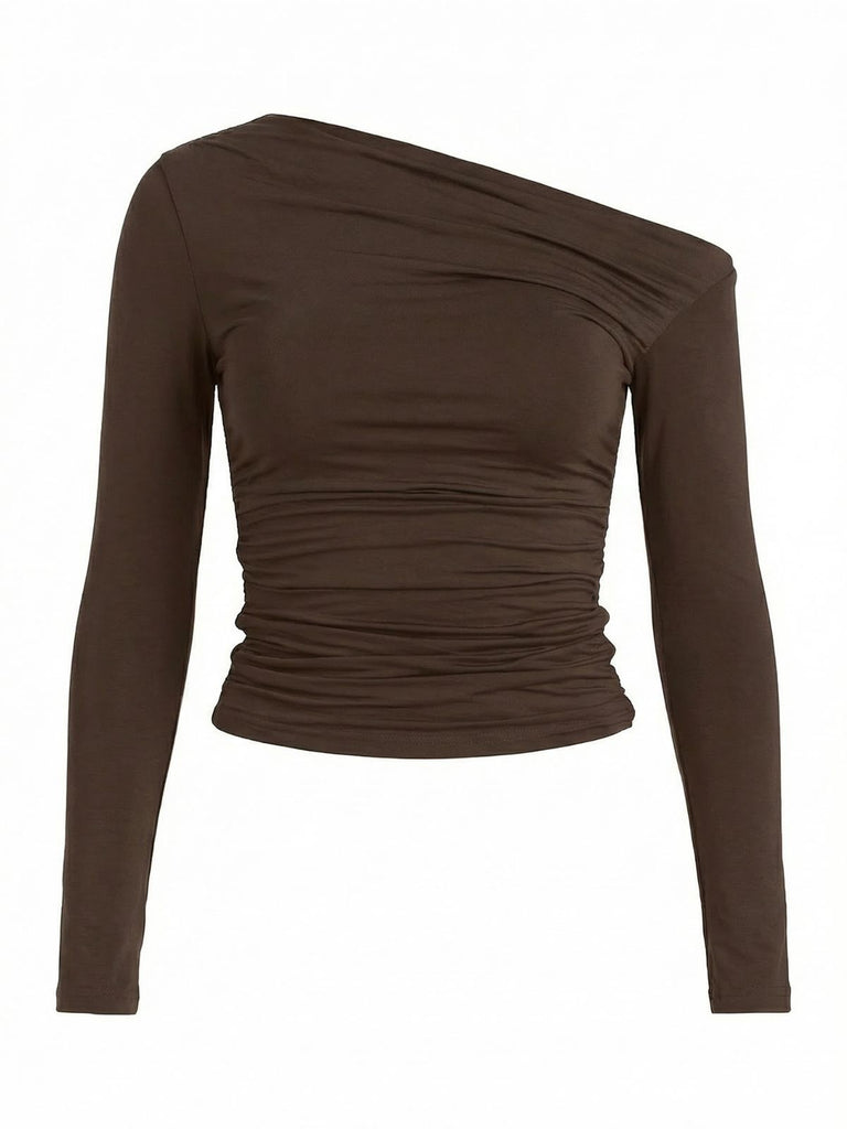 Brown 1980s Off-Shoulder Ruched Long-Sleeve Top