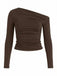 Brown 1980s Off-Shoulder Ruched Long-Sleeve Top