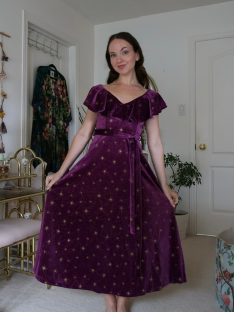 Purple 1940s Velvet V-Neck Star Ruffle Dress