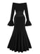 1930s Solid Off-Shoulder Pleated Bell Sleeve Dress