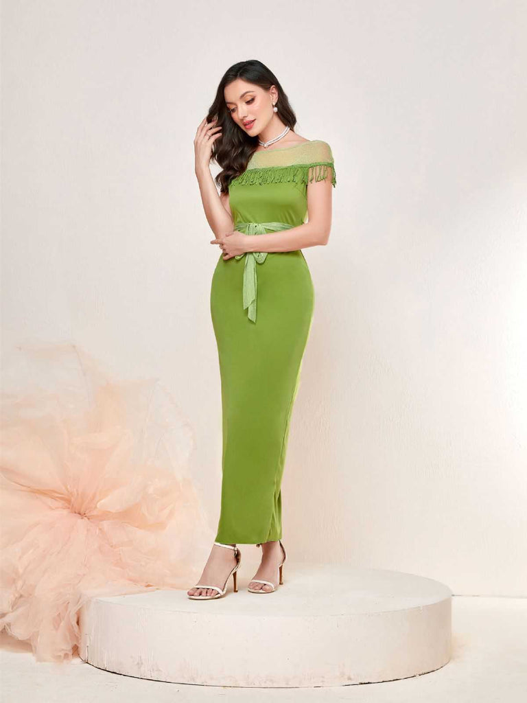 1960s Sheer Fringe Belted Bodycon Dress