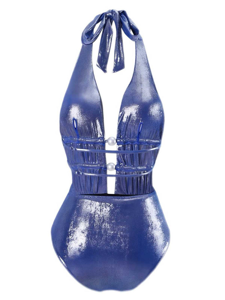 Blue 1970s Shimmery Halter Pearl One-Piece Swimsuit