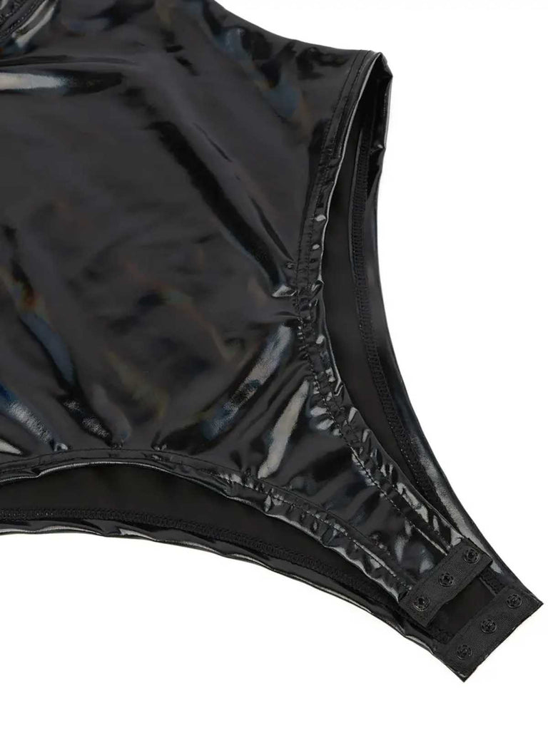Black 1980s Spaghetti Strap Leather Bodysuit