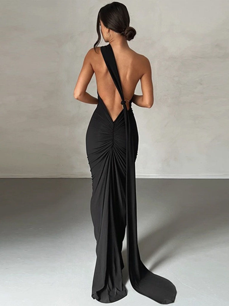 1980s Solid One-Shoulder Evening Backless Dress with Train