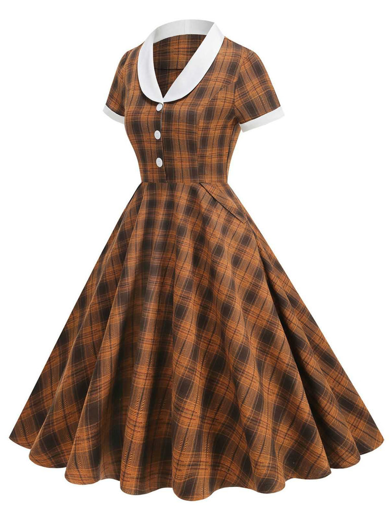 1950s Peter Pan Collar Plaid Swing Dress