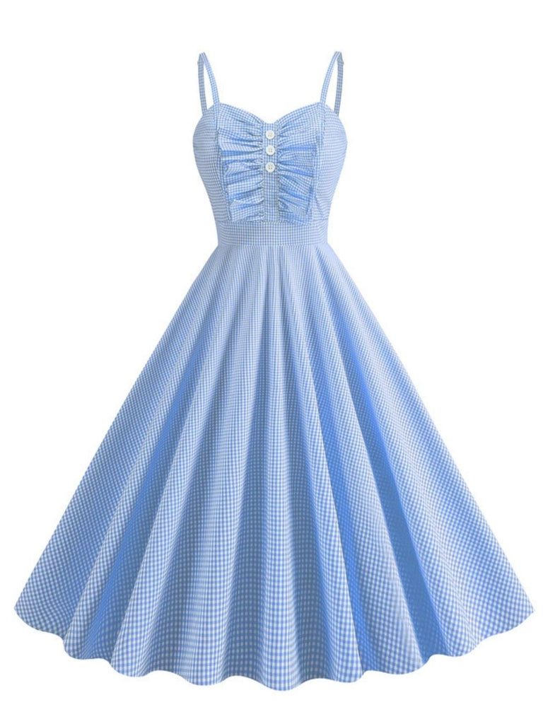 1950s Spaghetti Strap Plaids Button Swing Dress