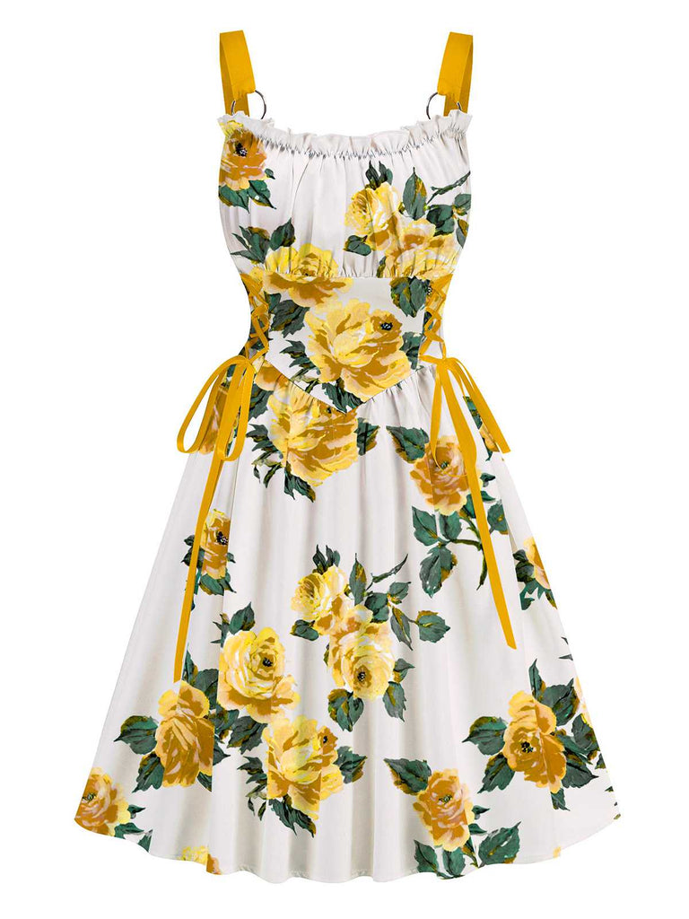 1950s Strap Floral Lace-Up Corset Dress