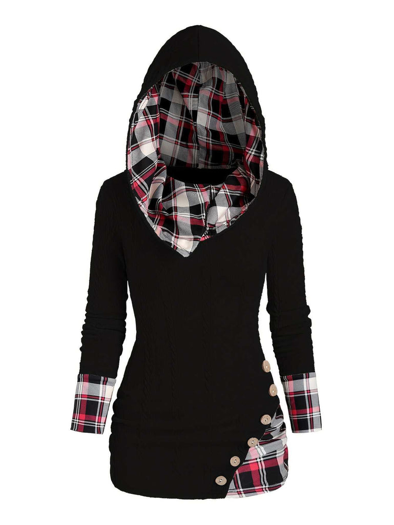 1940s Knit Plaid Button Hooded Sweater