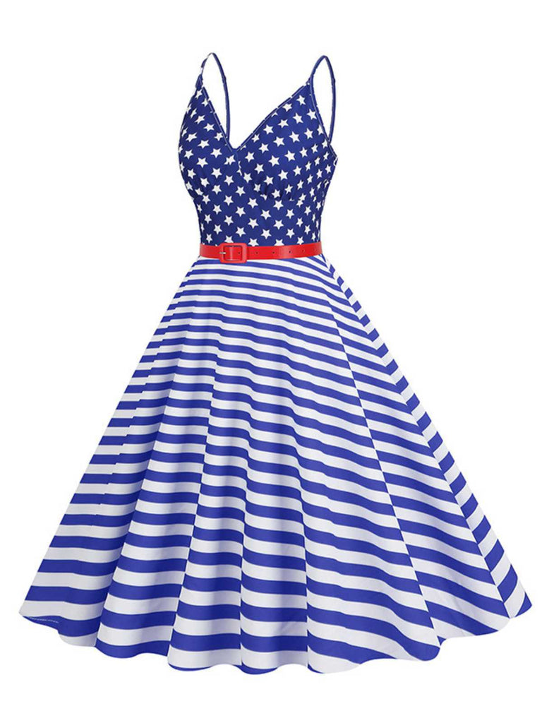 1950s V-Neck Star Stripes Flag Belted Swing Dress