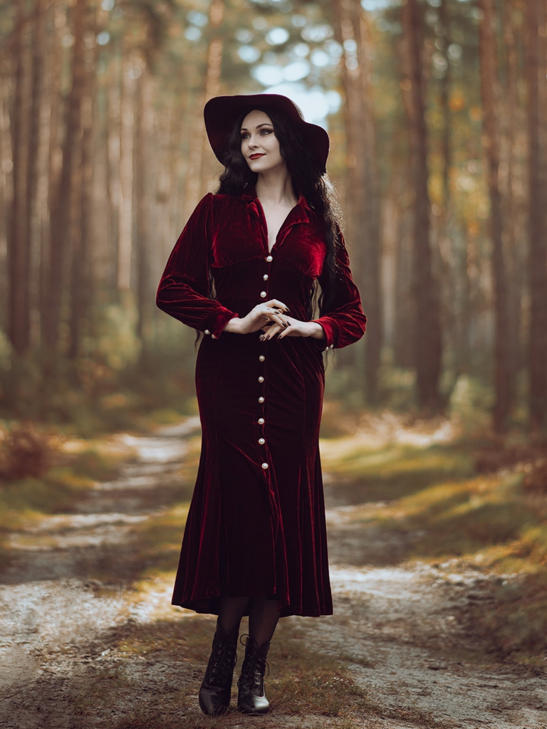 Red 1930s Velvet Pearl Lantern Sleeve Mermaid Dress