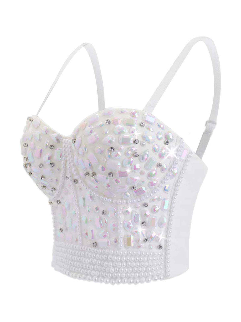 1970s Rhinestone Pearl Spaghetti Strap Corset Top