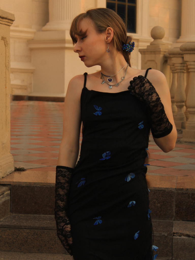 Black 1930s Butterfly Mesh Strap Dress