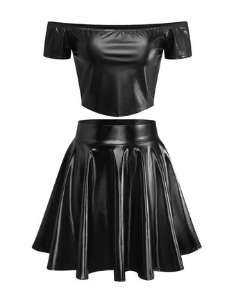 2PCS Metallic 1970 Disco Off-Shoulder Top & Pleated Skirt