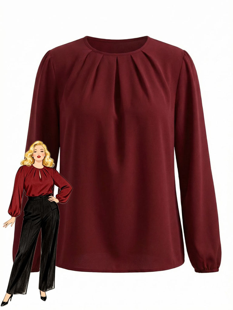 [Plus Size] Burgundy 1940s Pleated Long Sleeve Blouse