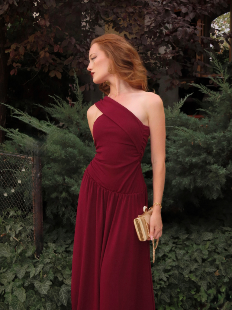 1930s Solid Surplice One-Shoulder Waist Ruched Dress