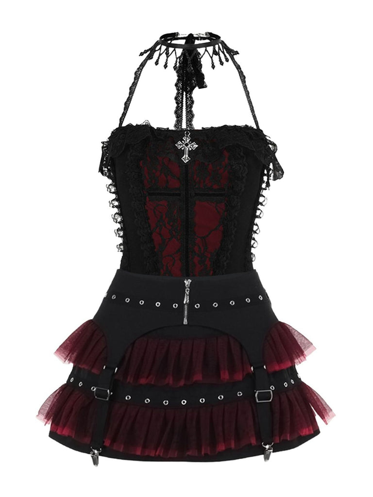 2PCS Black 1980s Gothic Steampunk Halter Cross Camisole & Mini Skirt