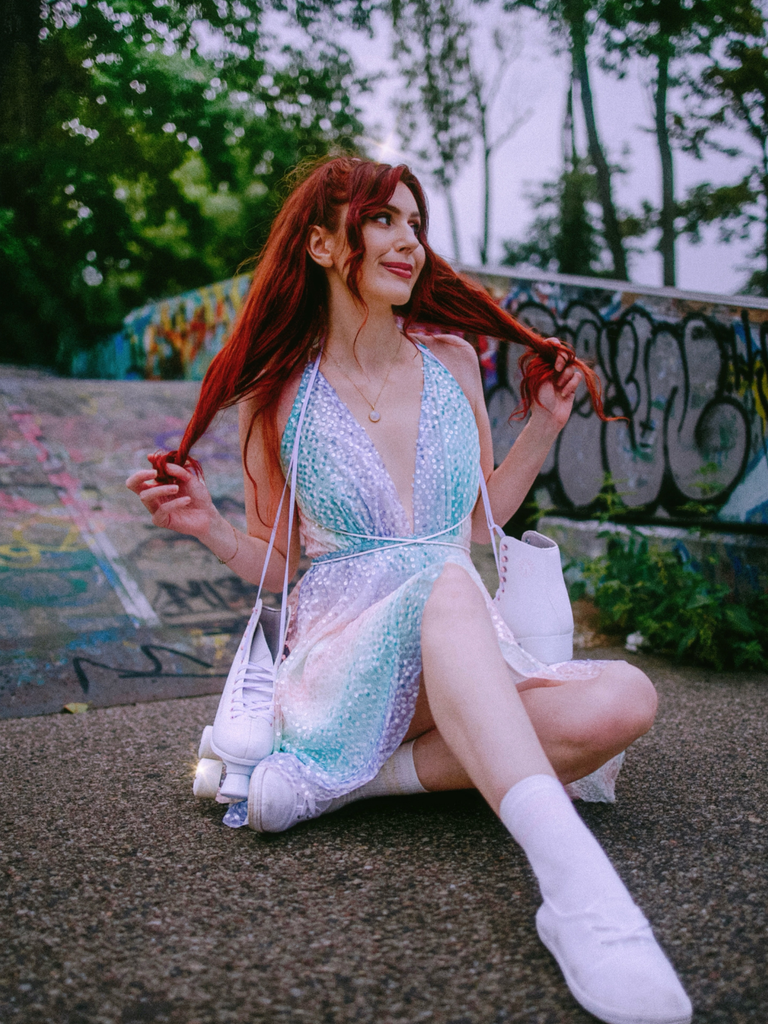Y2K Rainbow Sequins Deep V-Neck Backless Dress