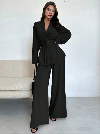 2PCS 1960s Solid Lace-Up Blazer & Pants Set