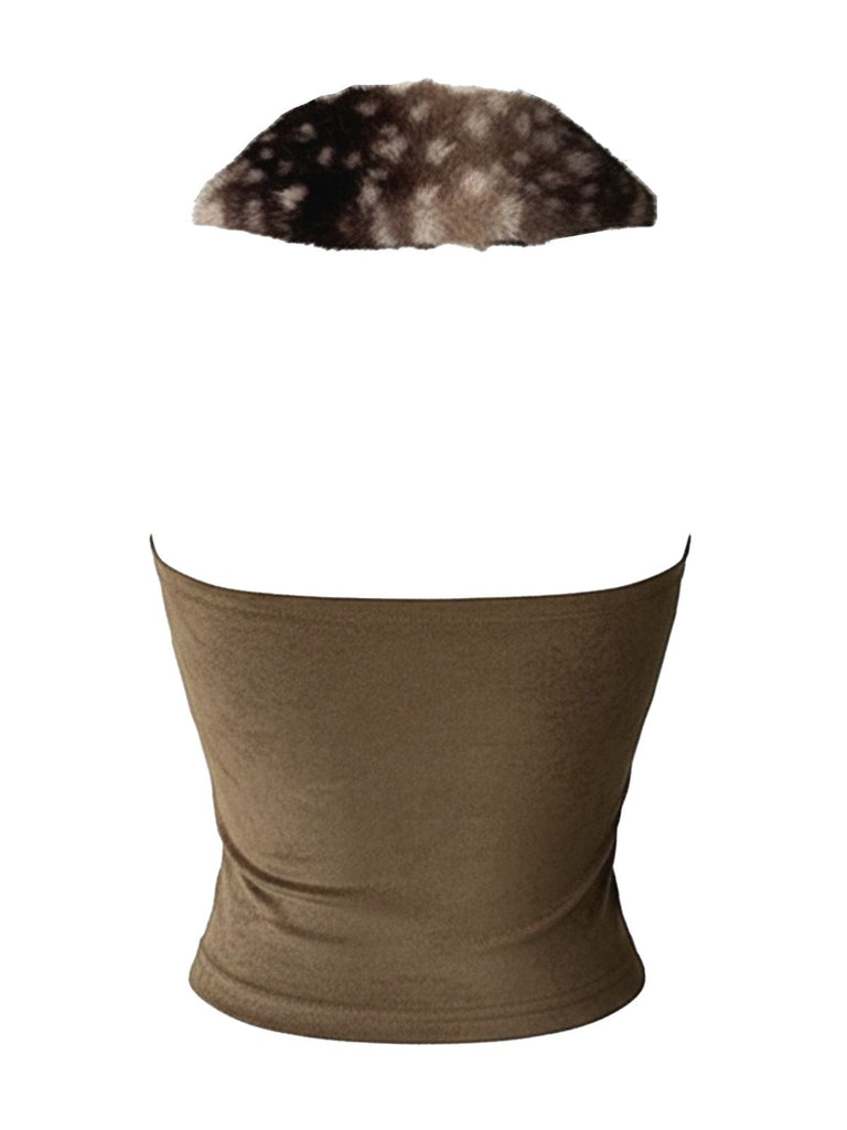 2PCS Brown 1980s Deer Faux Fur-Trimmed Crop Top & Skirt