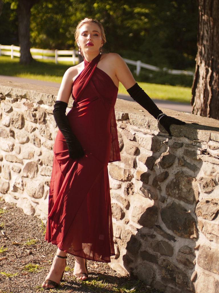 1930s Solid Chiffon Criss Cross Strapless Convertible Dress